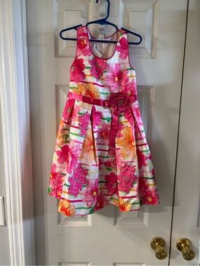 Bonnie Jean Pink Floral Stripe Dress with Bow